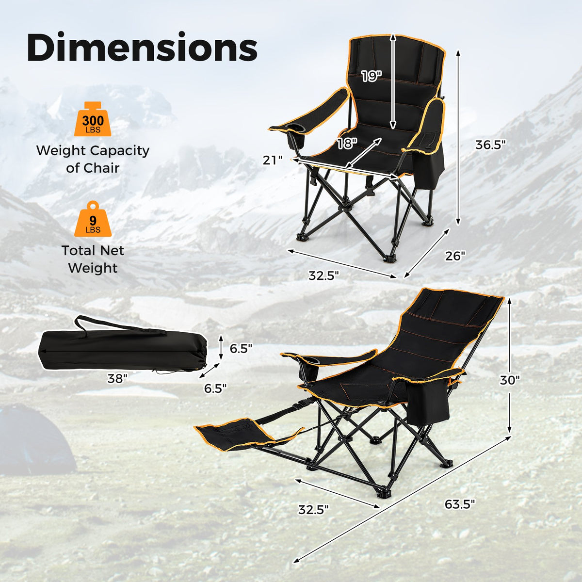 Folding Camping Chair with Footrest Camping Lounge Chair with Carry Bag-Black view 4