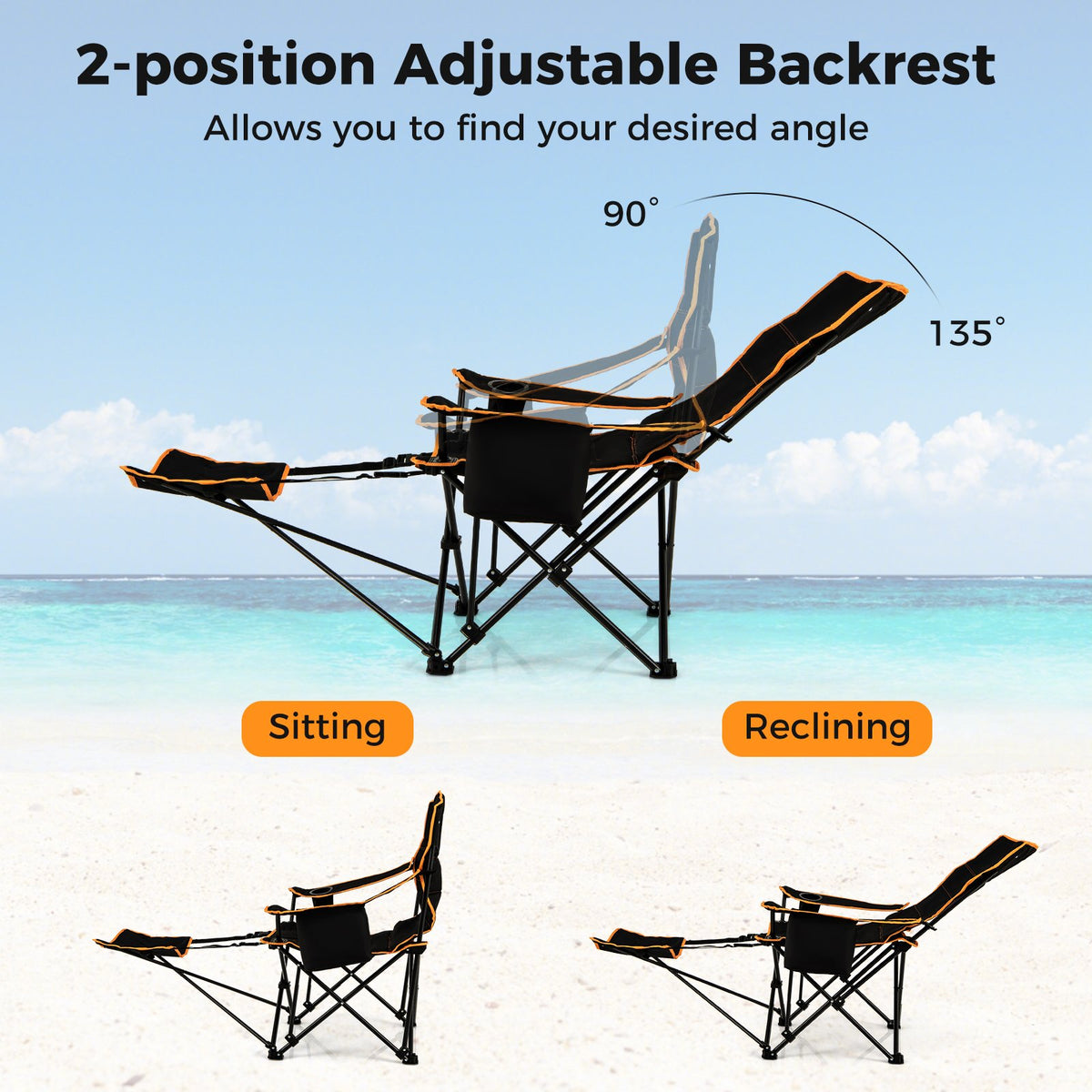 Folding Camping Chair with Footrest Camping Lounge Chair with Carry Bag-Black view 6