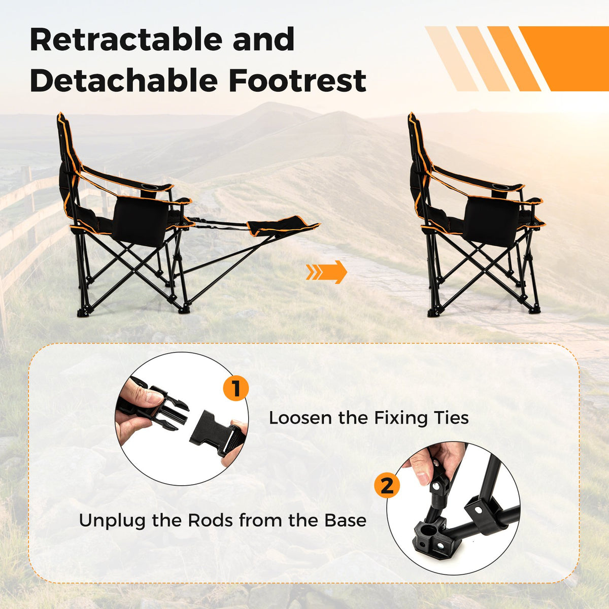 Folding Camping Chair with Footrest Camping Lounge Chair with Carry Bag-Black view 7