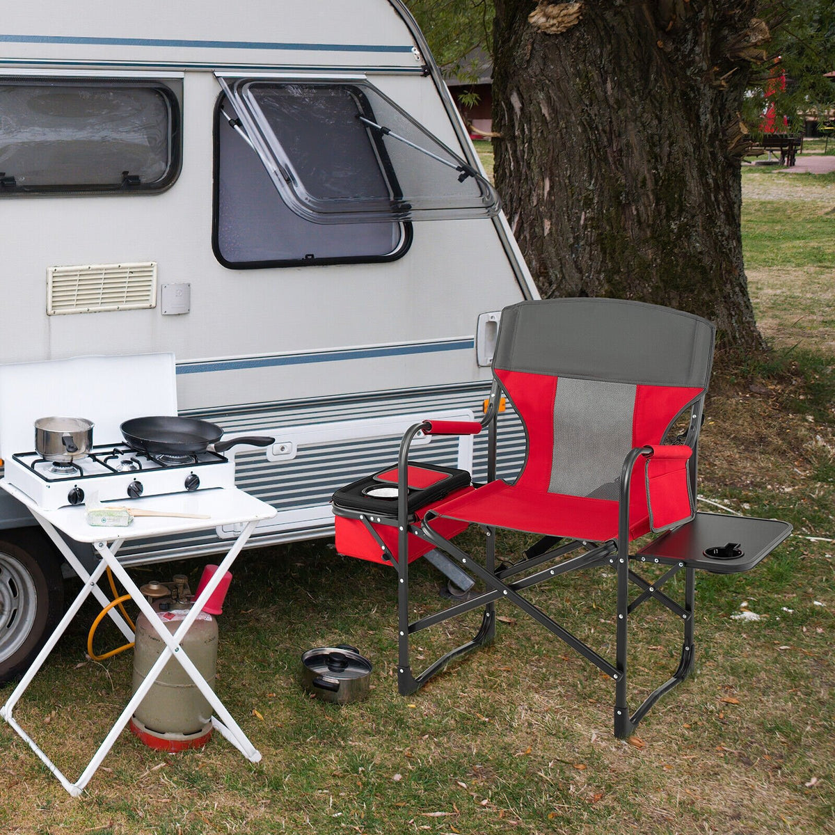 Folding Camping Directors Chair with Cooler Bag and Side Table-Red view 2