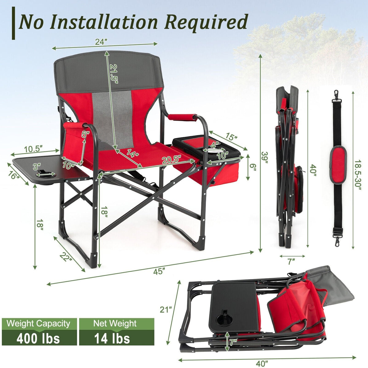 Folding Camping Directors Chair with Cooler Bag and Side Table-Red view 4