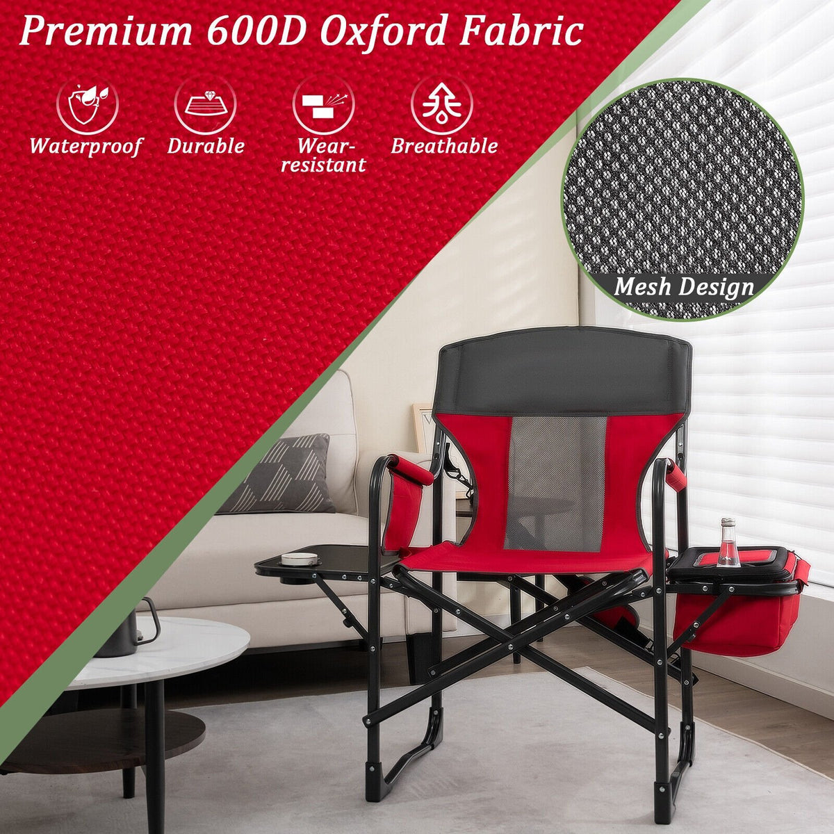 Folding Camping Directors Chair with Cooler Bag and Side Table-Red view 9