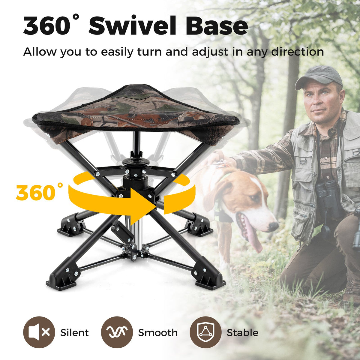 Folding Camping Stool 360° Swivel Hunting Chair with Anti-Sink Feet-Camouflage view 6