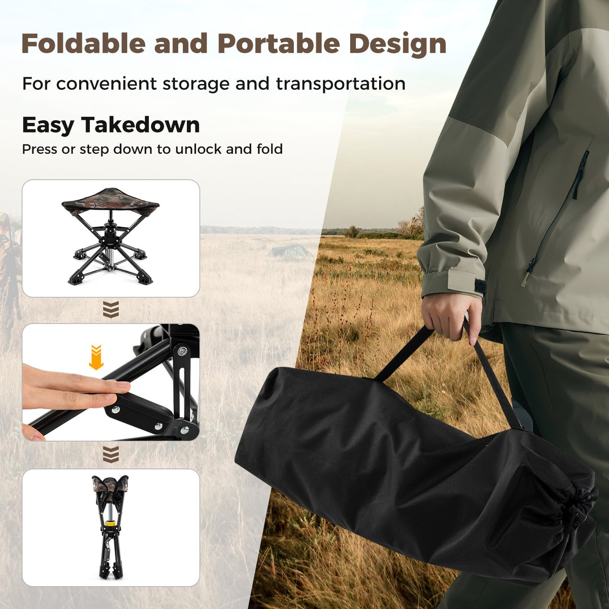 Folding Camping Stool 360° Swivel Hunting Chair with Anti-Sink Feet-Camouflage view 9