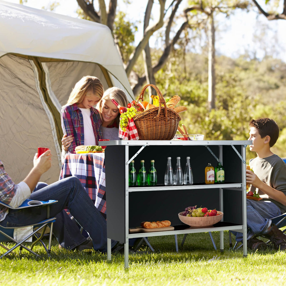 Folding Camping Table with 2-Tier Open Shelves for Outdoor BBQ-Black view 2