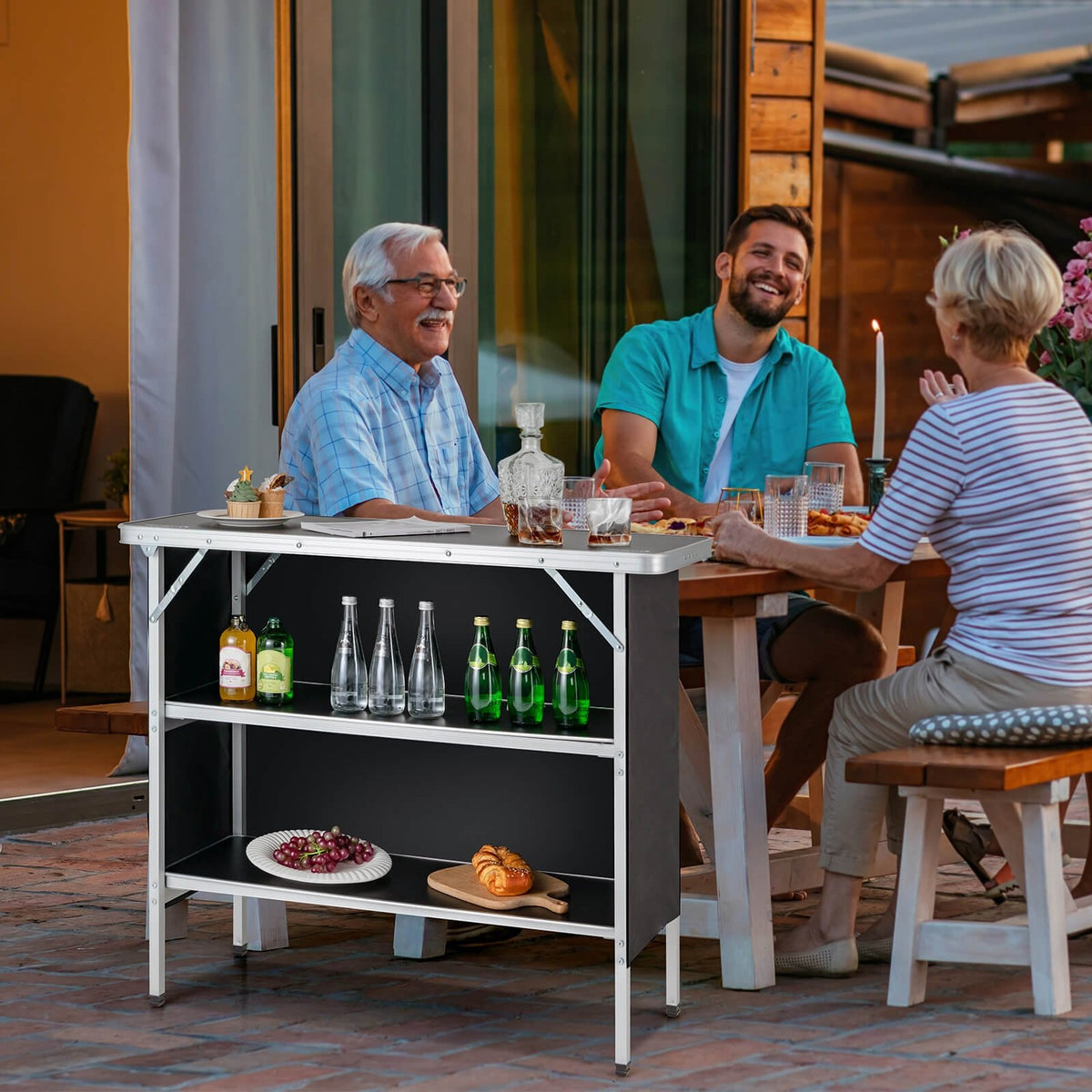 Folding Camping Table with 2-Tier Open Shelves for Outdoor BBQ-Black view 3
