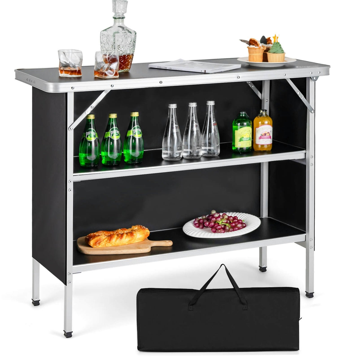 Folding Camping Table with 2-Tier Open Shelves for Outdoor BBQ-Black view 4