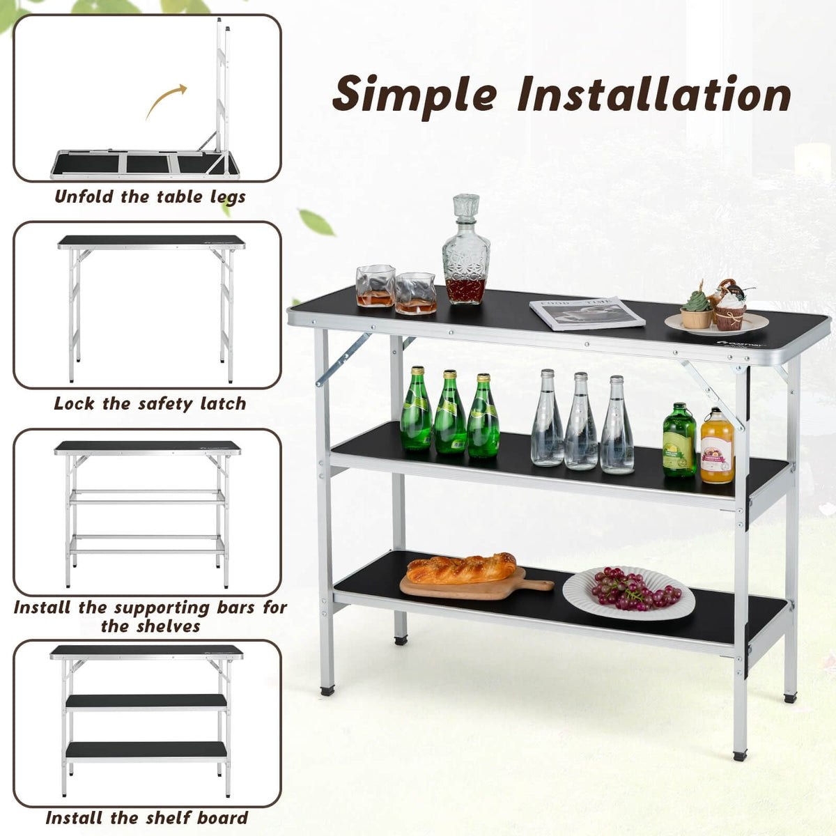 Folding Camping Table with 2-Tier Open Shelves for Outdoor BBQ-Black view 7