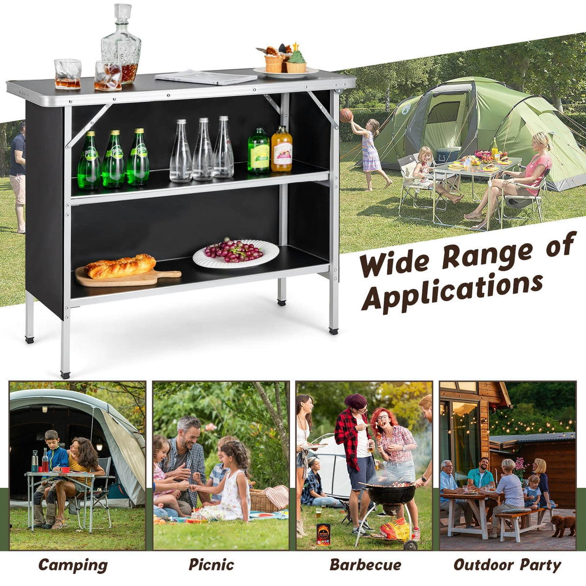 Folding Camping Table with 2-Tier Open Shelves for Outdoor BBQ-Black view 9