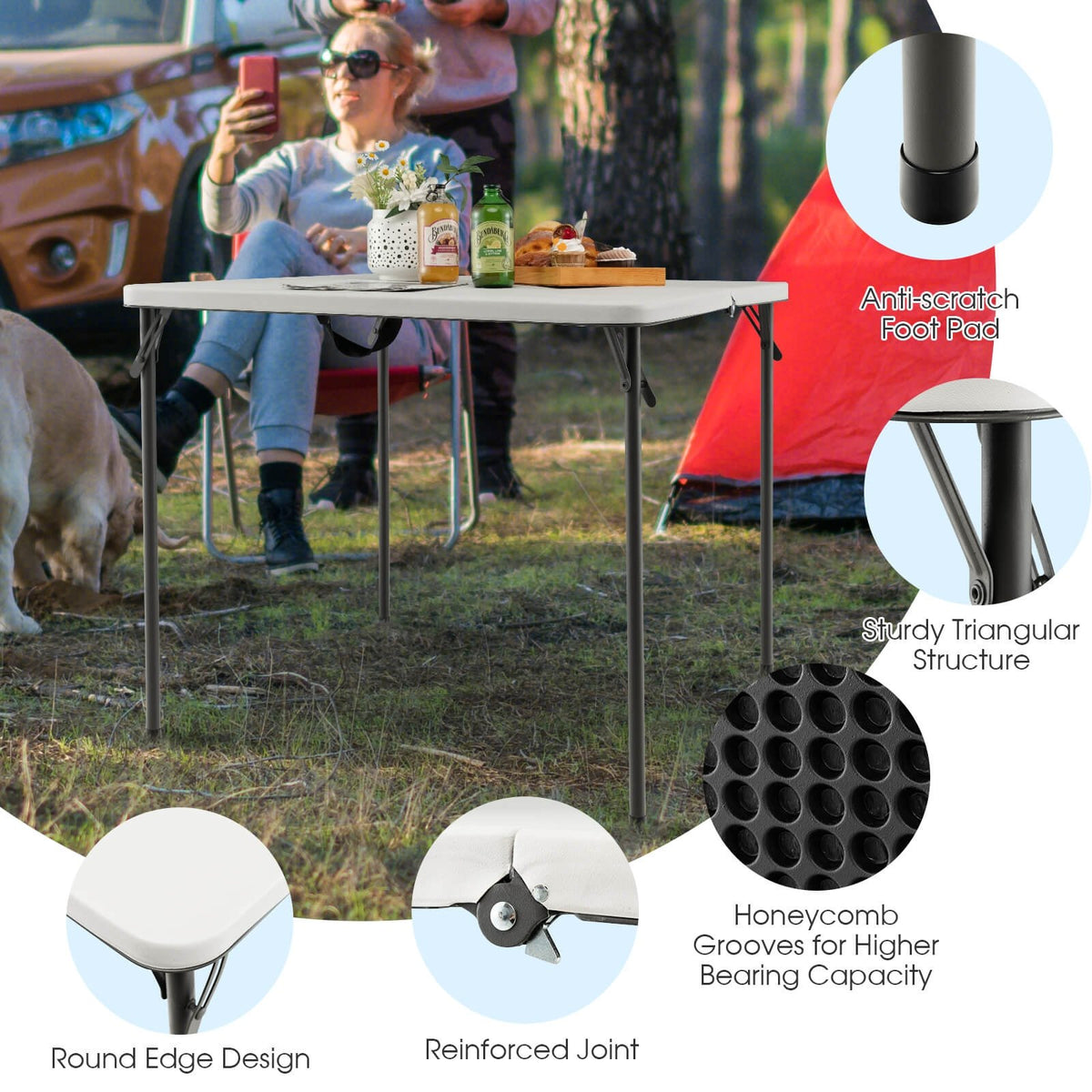 Folding Camping Table with All-Weather HDPE Tabletop and Rustproof Steel Frame-White view 9