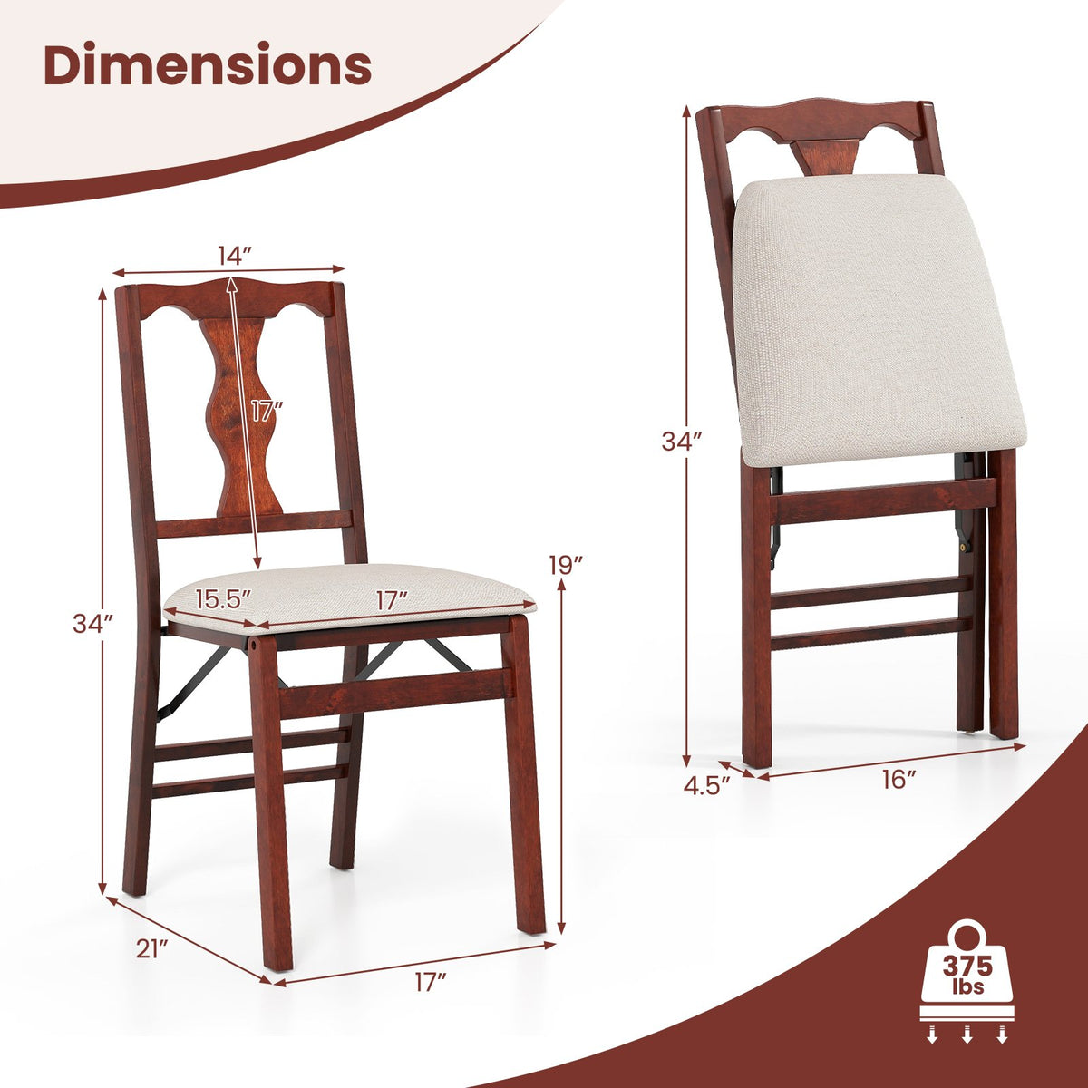 Folding Chairs Set of 2 Upholstered Dining Chairs with Comfy Padded Seats-Brown view 5