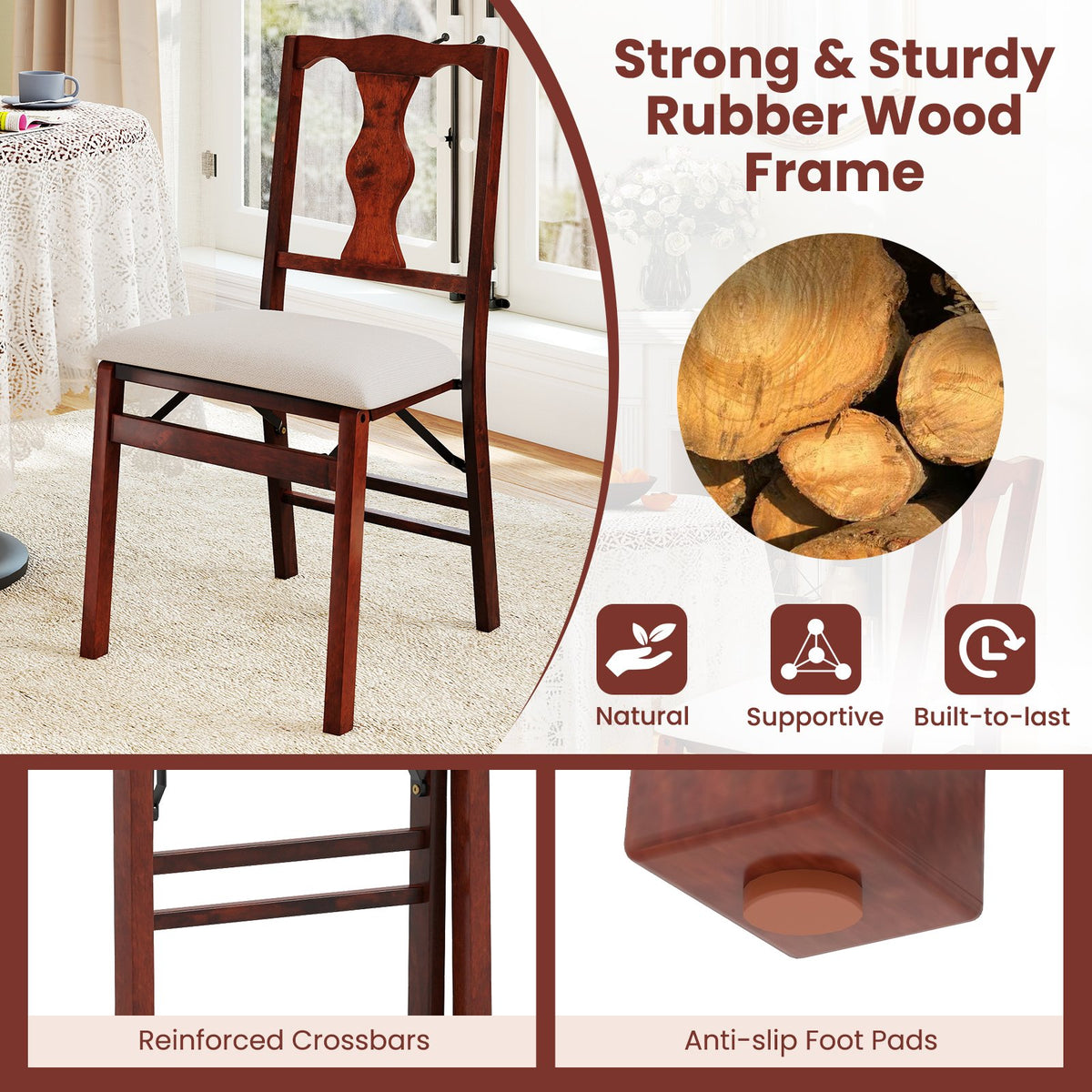 Folding Chairs Set of 2 Upholstered Dining Chairs with Comfy Padded Seats-Brown view 7