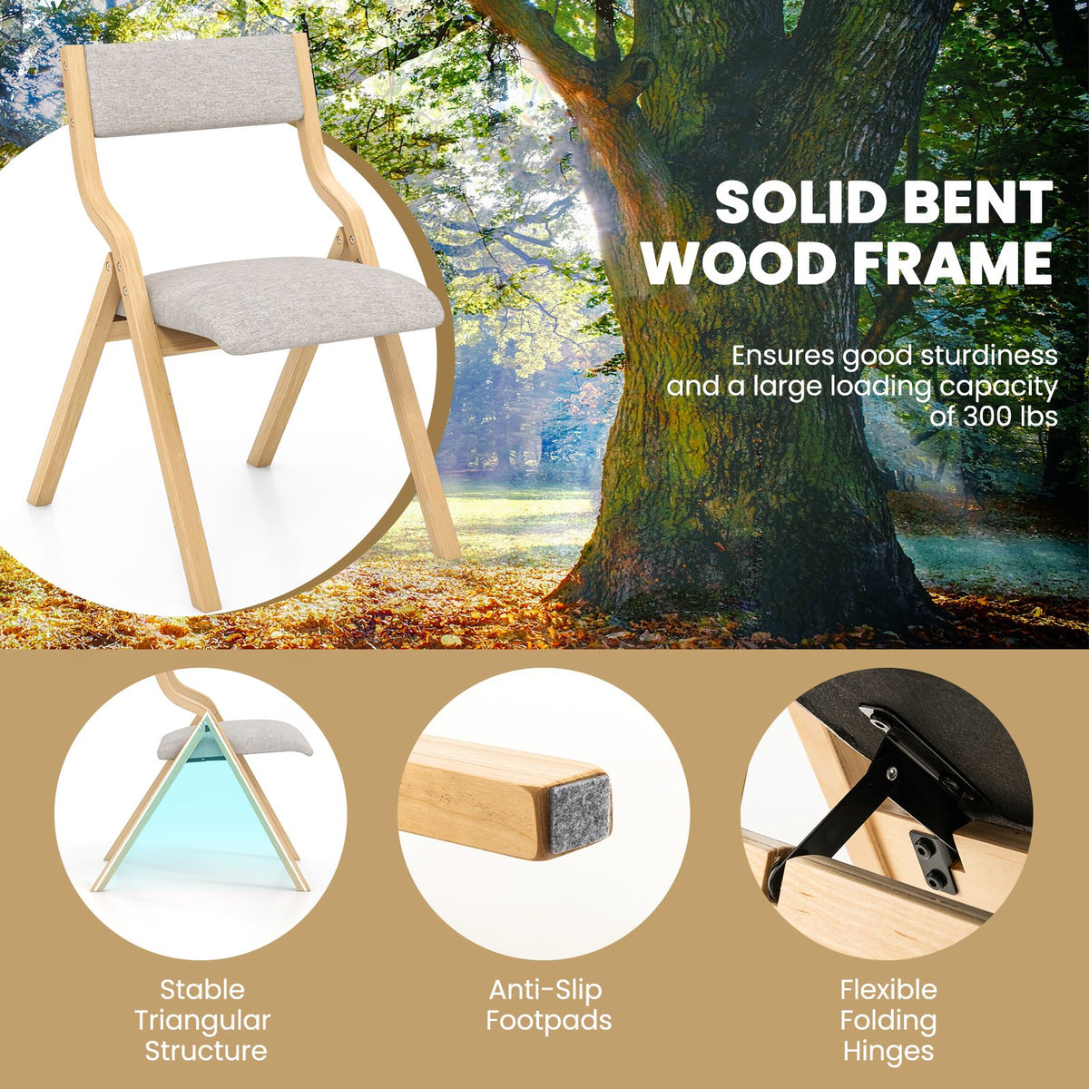 Folding Dining Chair Set of 4 Wooden Upholstered Dining Chairs with Solid Wood Frame view 6