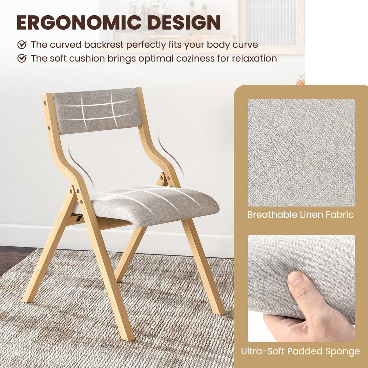 Folding Dining Chair Set of 4 Wooden Upholstered Dining Chairs with Solid Wood Frame view 7