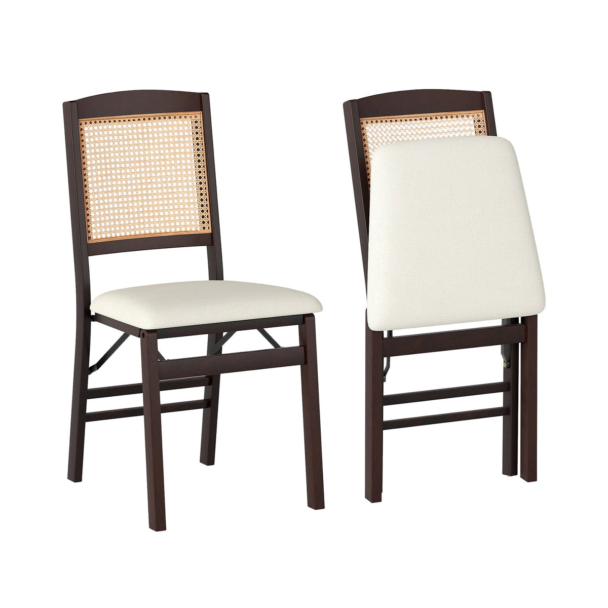 Folding Dining Chairs Set of 2 Rubber Wood Chairs with Linen Padded Seat-Coffee view 4
