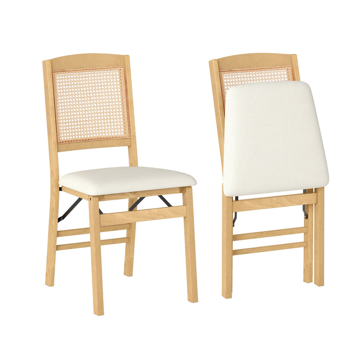 Folding Dining Chairs Set of 2 Rubber Wood Chairs with Linen Padded Seat-Natural view 4