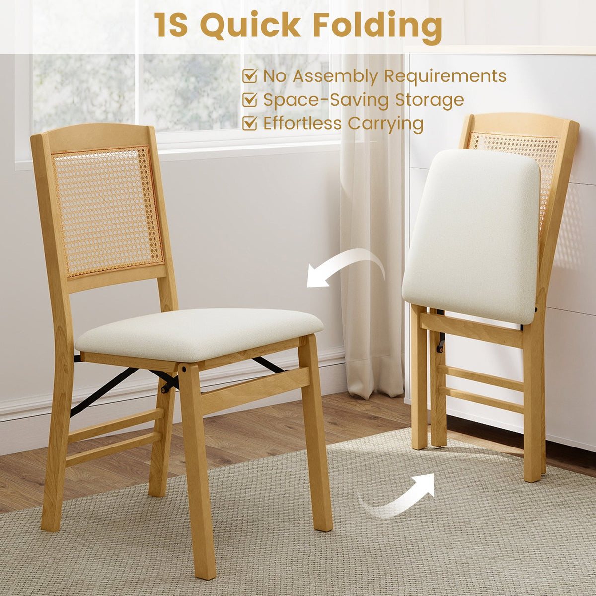Folding Dining Chairs Set of 2 Rubber Wood Chairs with Linen Padded Seat-Natural view 7