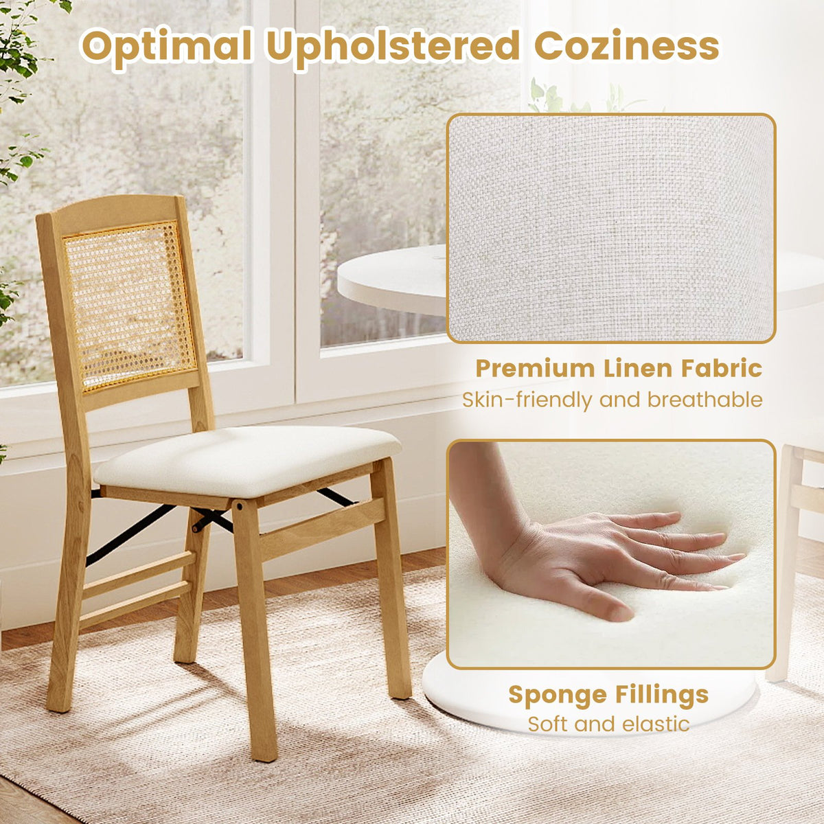 Folding Dining Chairs Set of 2 Rubber Wood Chairs with Linen Padded Seat-Natural view 9