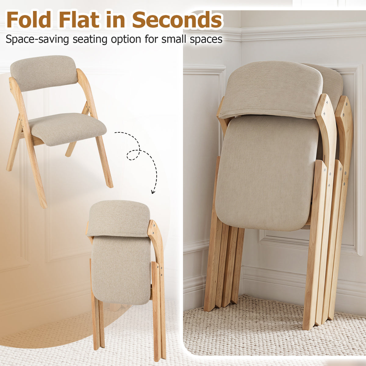 Folding Dining Chairs Set of 2 with Cushion-Beige view 8