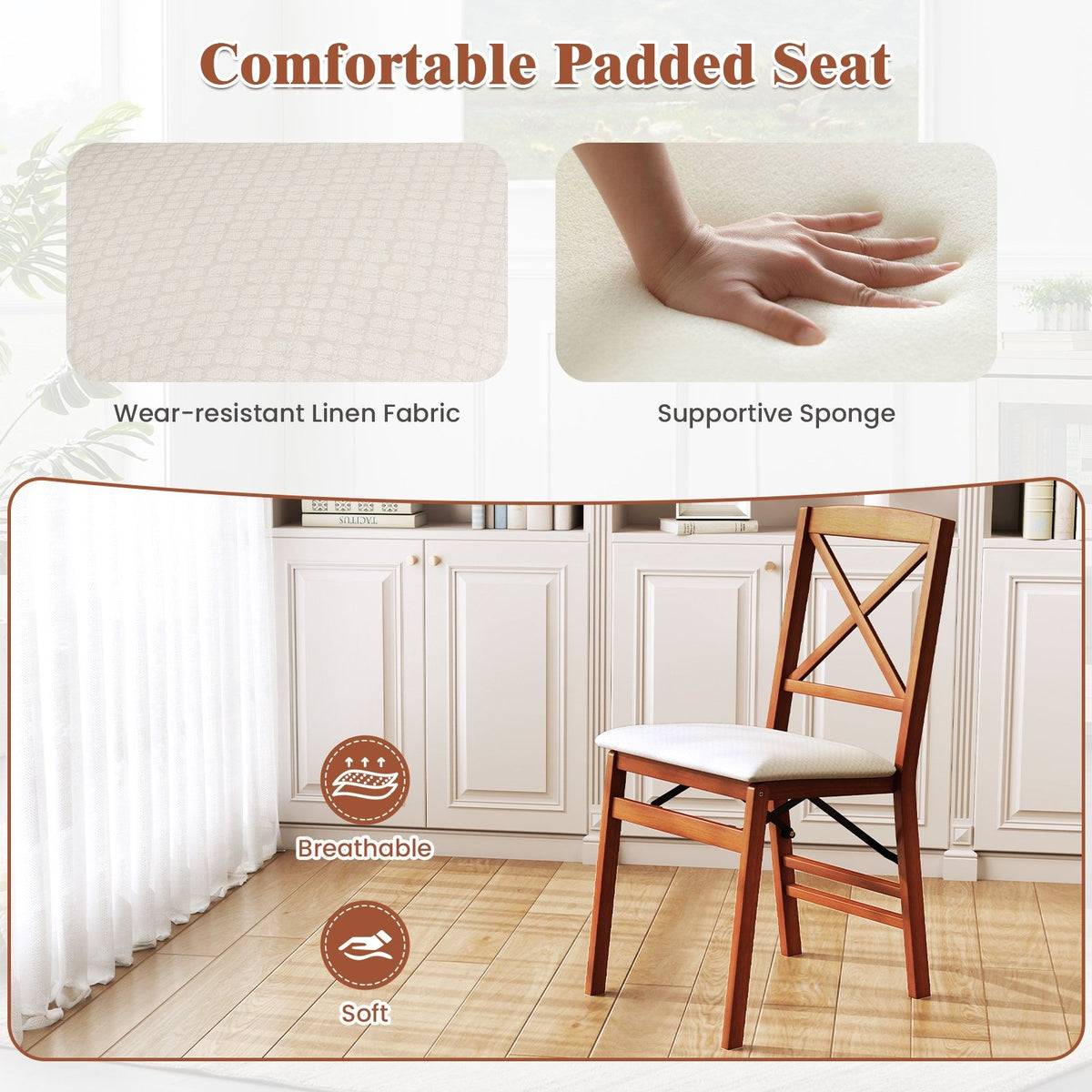 Folding Dining Chairs Set of 2 with Padded Seat and Rubber Wood Frame-A view 6