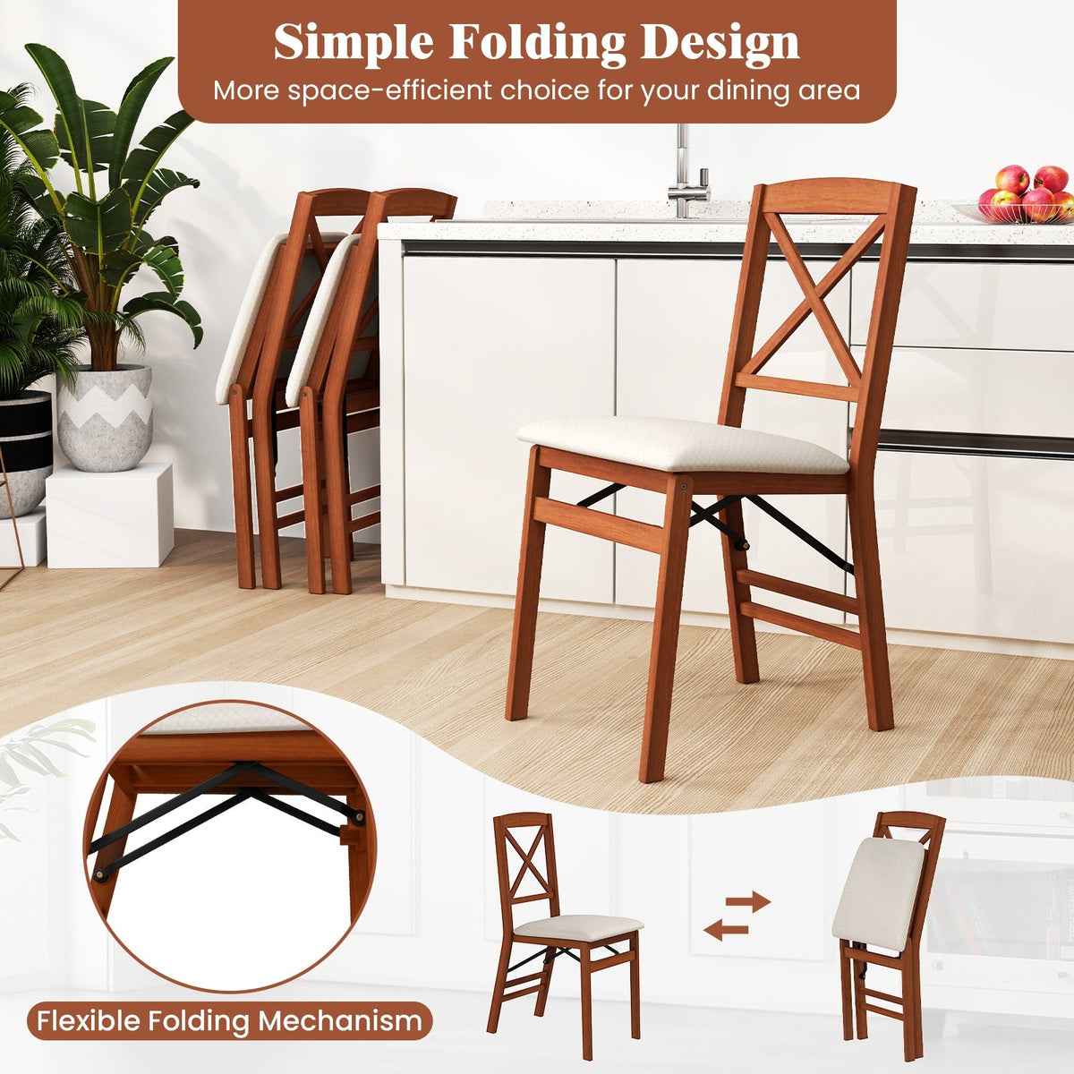 Folding Dining Chairs Set of 2 with Padded Seat and Rubber Wood Frame-A view 7