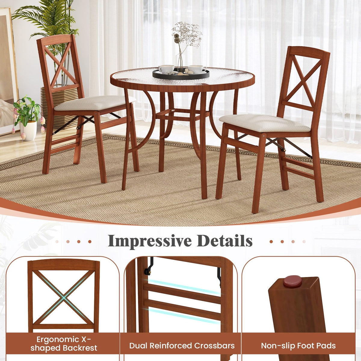 Folding Dining Chairs Set of 2 with Padded Seat and Rubber Wood Frame-A view 9
