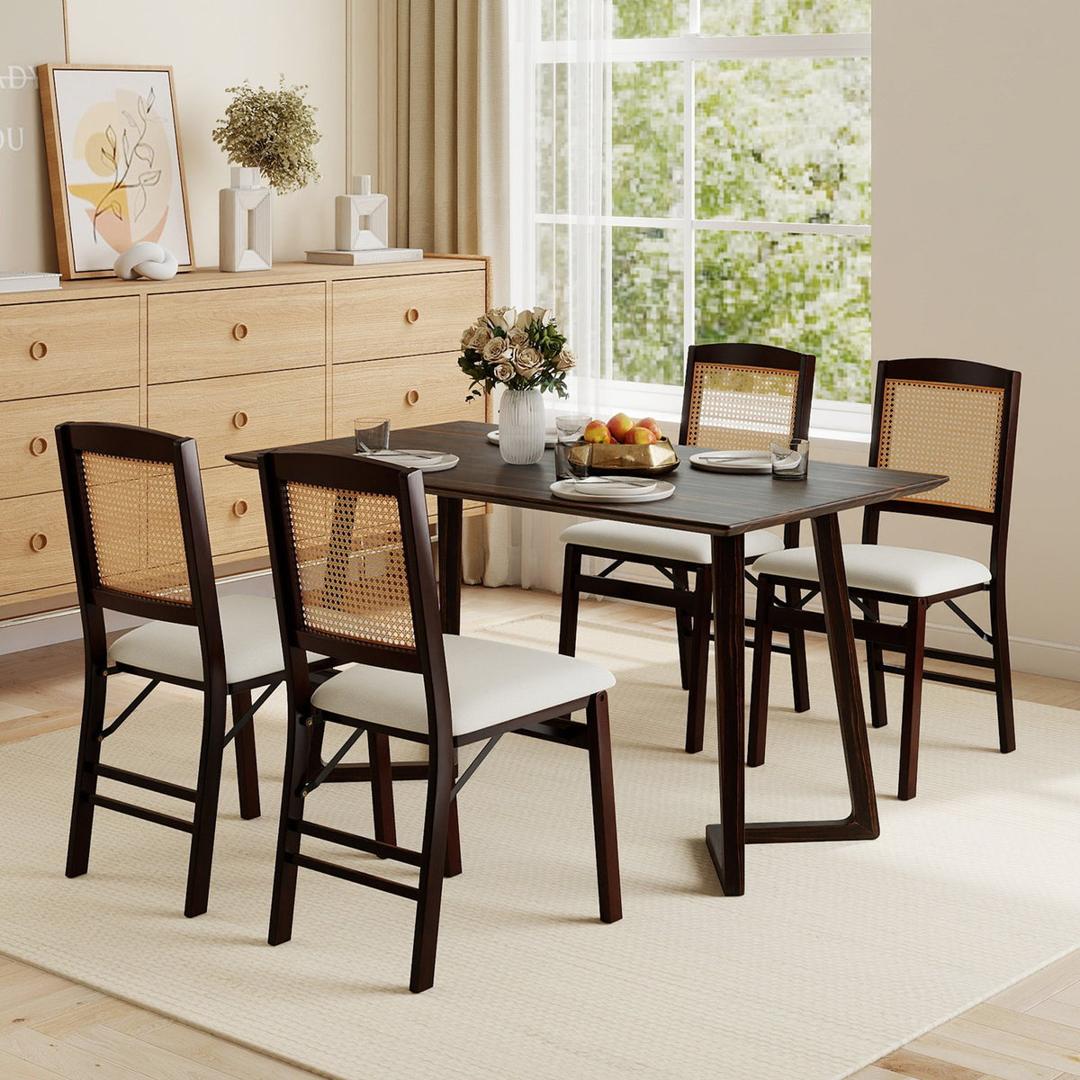 Folding Dining Chairs Set of 4 Rubber Wood Chairs with Linen Padded Seat-Coffee view 2