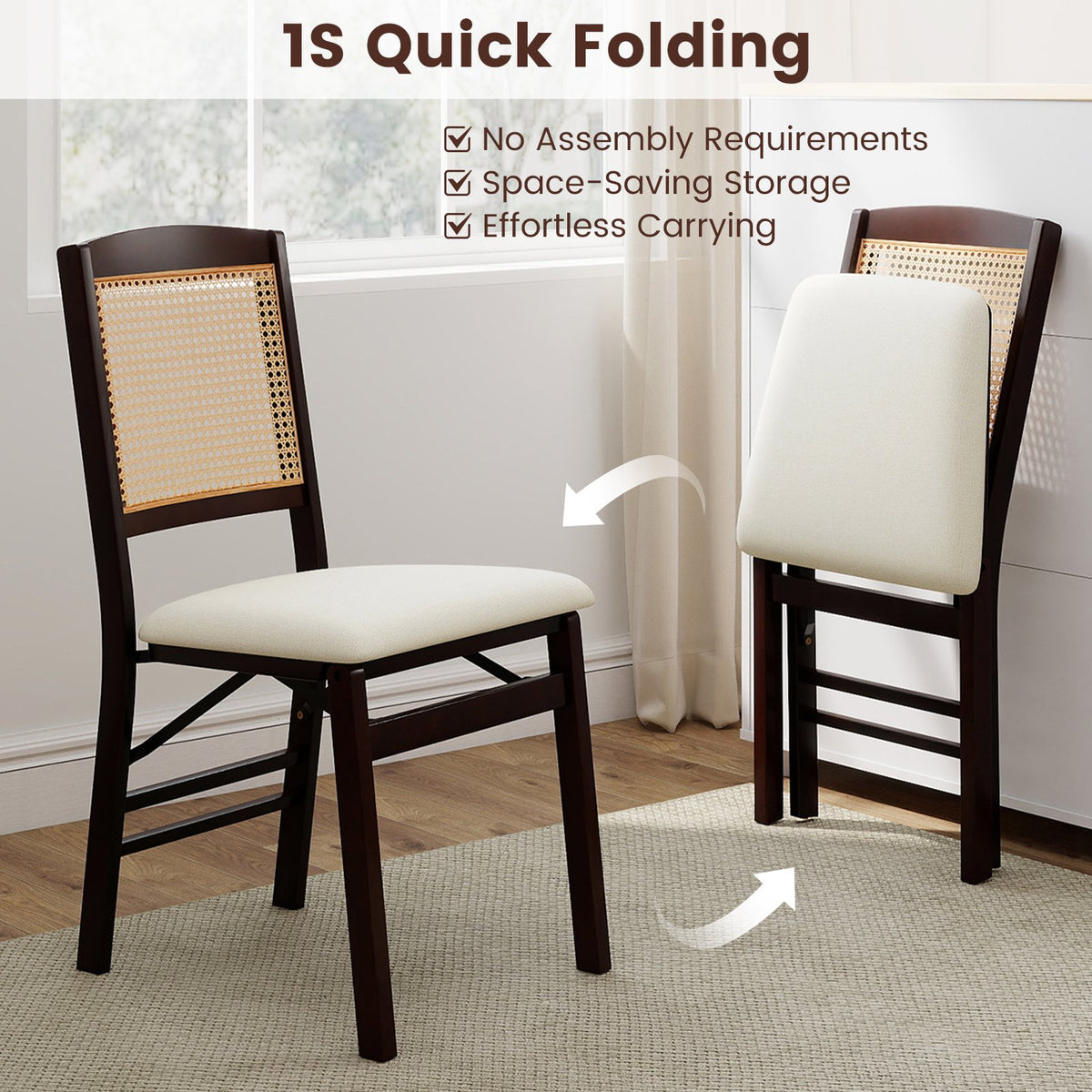 Folding Dining Chairs Set of 4 Rubber Wood Chairs with Linen Padded Seat-Coffee view 7
