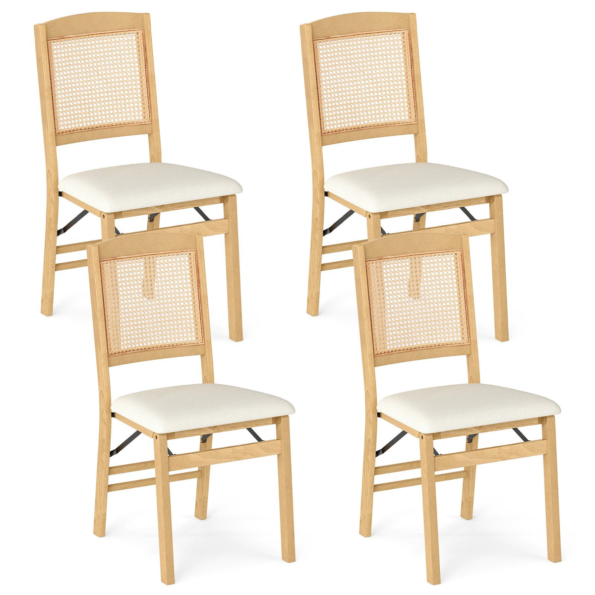Folding Dining Chairs Set of 4 Rubber Wood Chairs with Linen Padded Seat-Natural