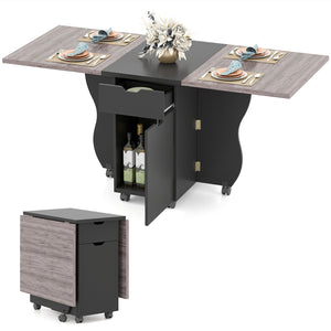 Folding Dining Table 3-in-1 Space-Saving Drop Leaf Kitchen Table with Lockable Wheels-Black view 4