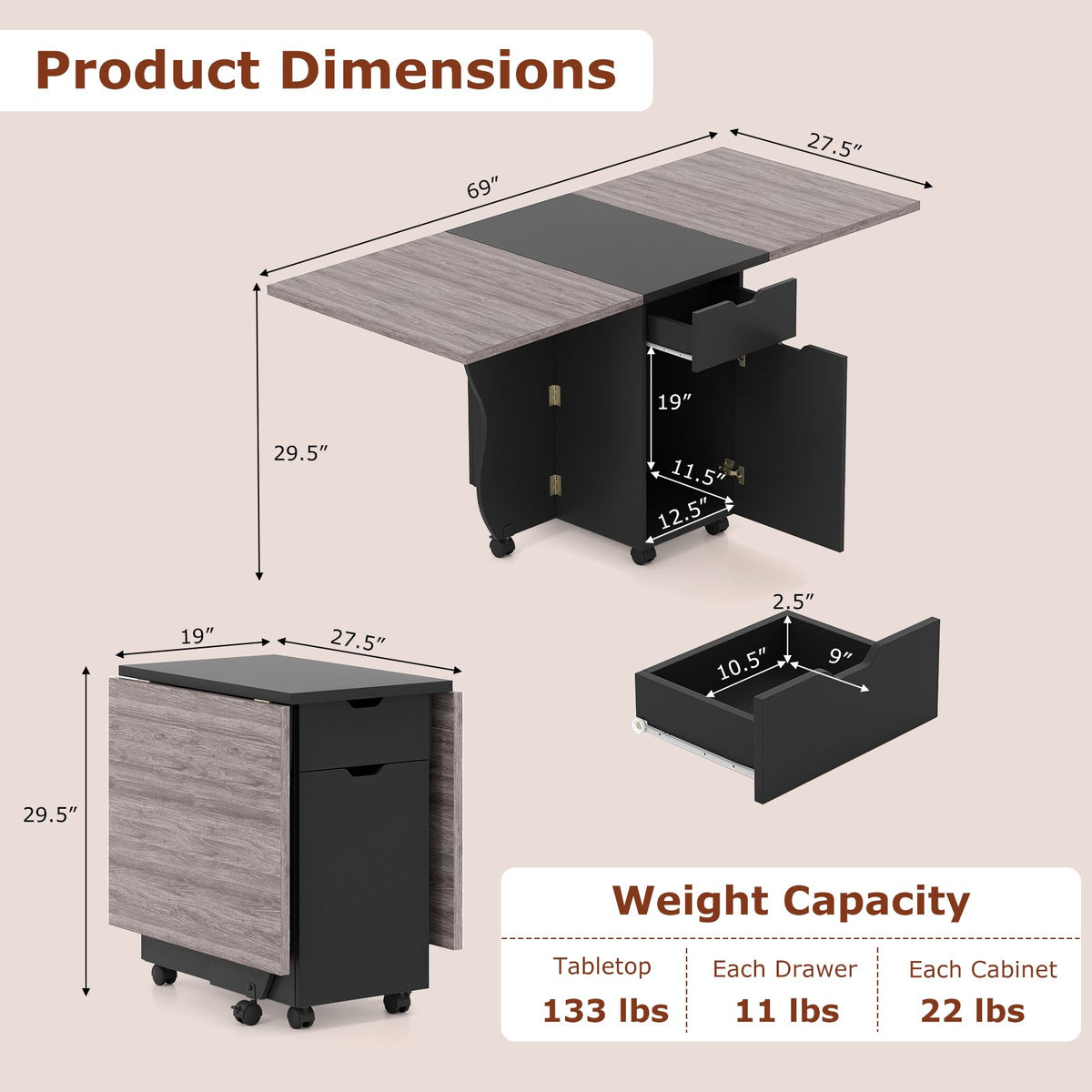 Folding Dining Table 3-in-1 Space-Saving Drop Leaf Kitchen Table with Lockable Wheels-Black view 5