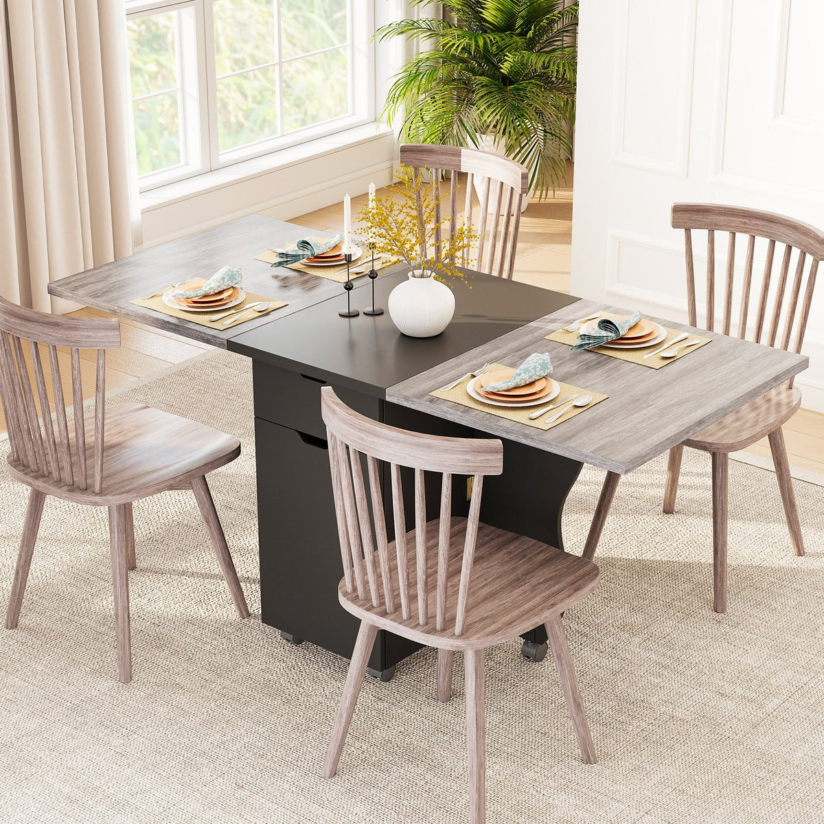 Folding Dining Table 3-in-1 Space-Saving Drop Leaf Kitchen Table with Lockable Wheels-Black view 6