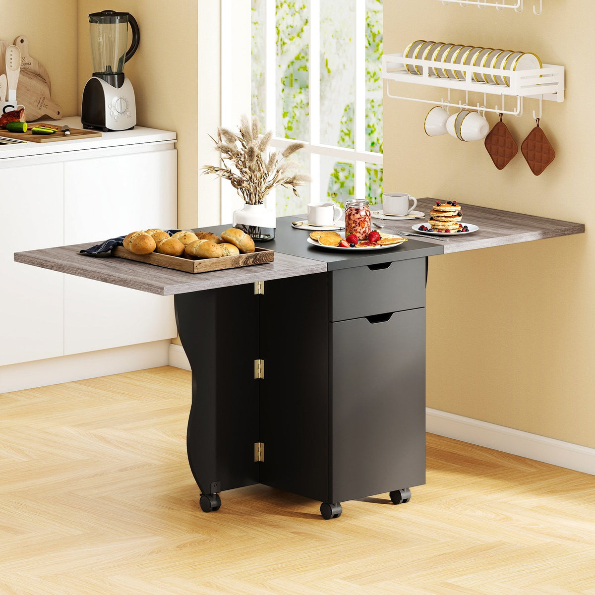 Folding Dining Table 3-in-1 Space-Saving Drop Leaf Kitchen Table with Lockable Wheels-Black view 7
