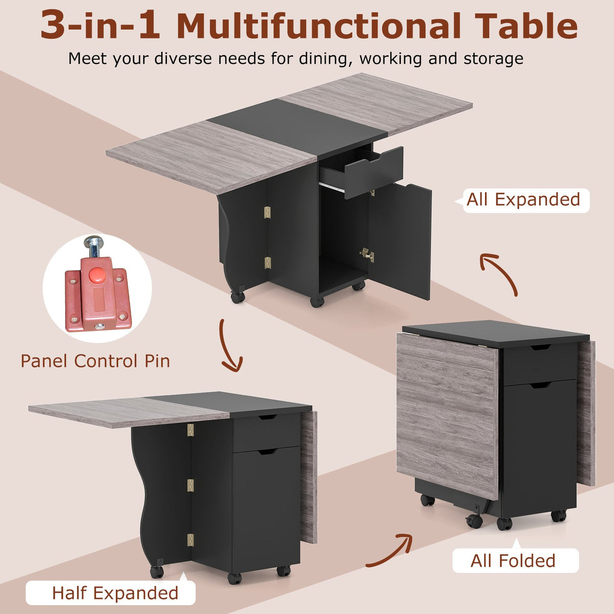 Folding Dining Table 3-in-1 Space-Saving Drop Leaf Kitchen Table with Lockable Wheels-Black view 8