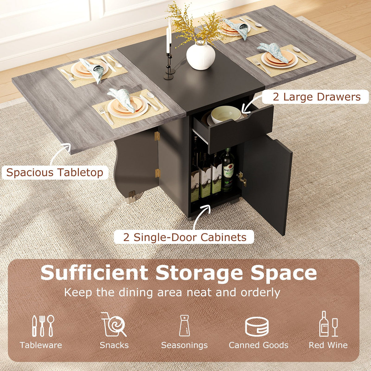 Folding Dining Table 3-in-1 Space-Saving Drop Leaf Kitchen Table with Lockable Wheels-Black view 9