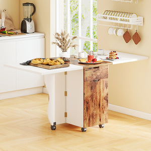 Folding Dining Table 3-in-1 Space-Saving Drop Leaf Kitchen Table with Lockable Wheels-Brown view 2