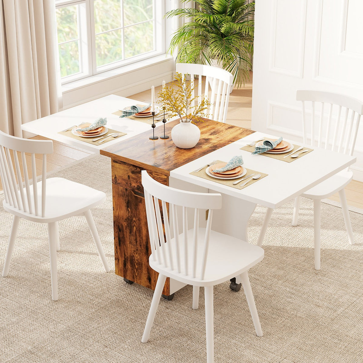 Folding Dining Table 3-in-1 Space-Saving Drop Leaf Kitchen Table with Lockable Wheels-Brown view 3