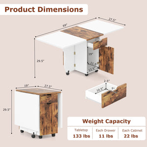 Folding Dining Table 3-in-1 Space-Saving Drop Leaf Kitchen Table with Lockable Wheels-Brown view 5