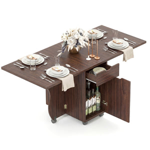 Folding Dining Table 3-in-1 Space-Saving Drop Leaf Kitchen Table with Lockable Wheels-Walnut