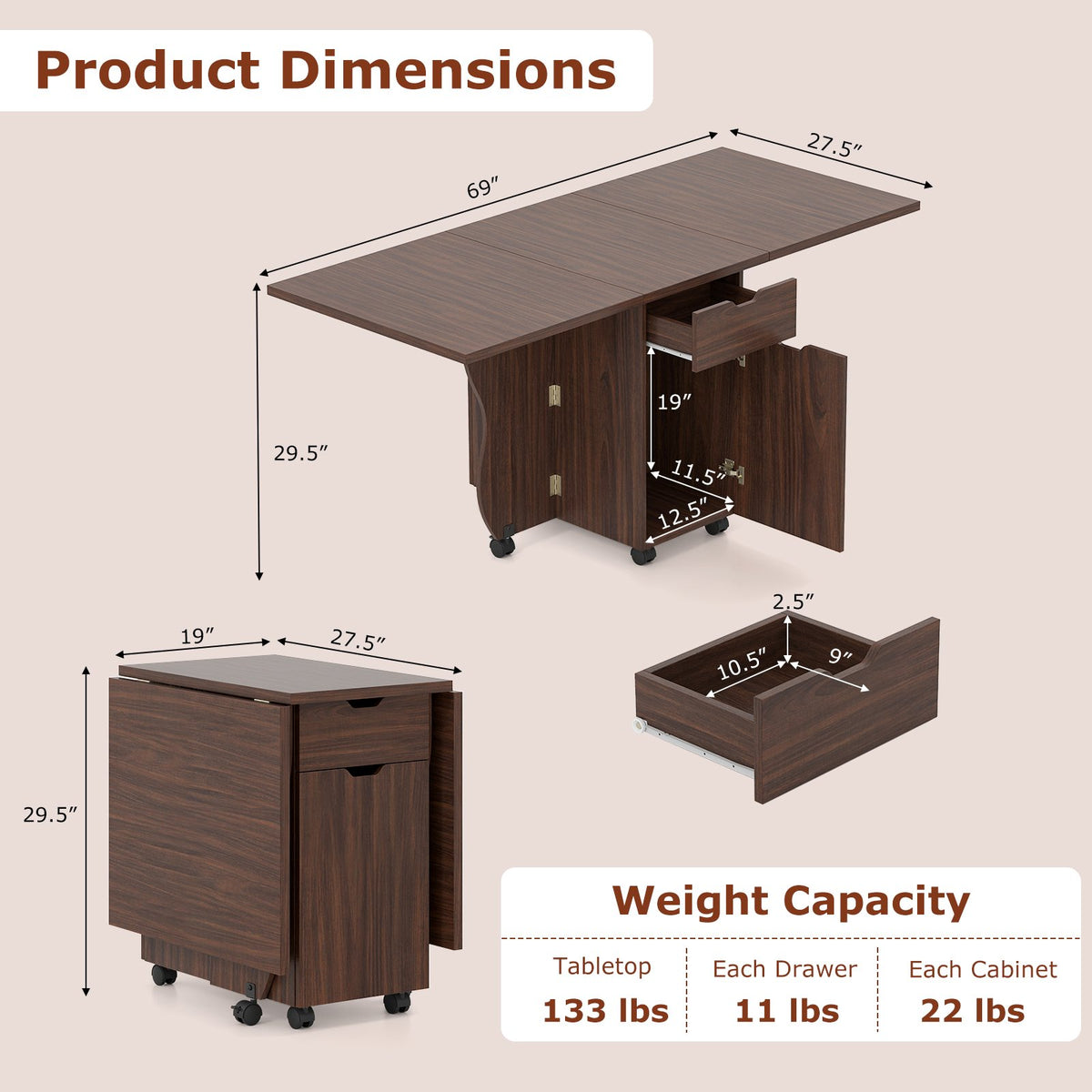 Folding Dining Table 3-in-1 Space-Saving Drop Leaf Kitchen Table with Lockable Wheels-Walnut view 5