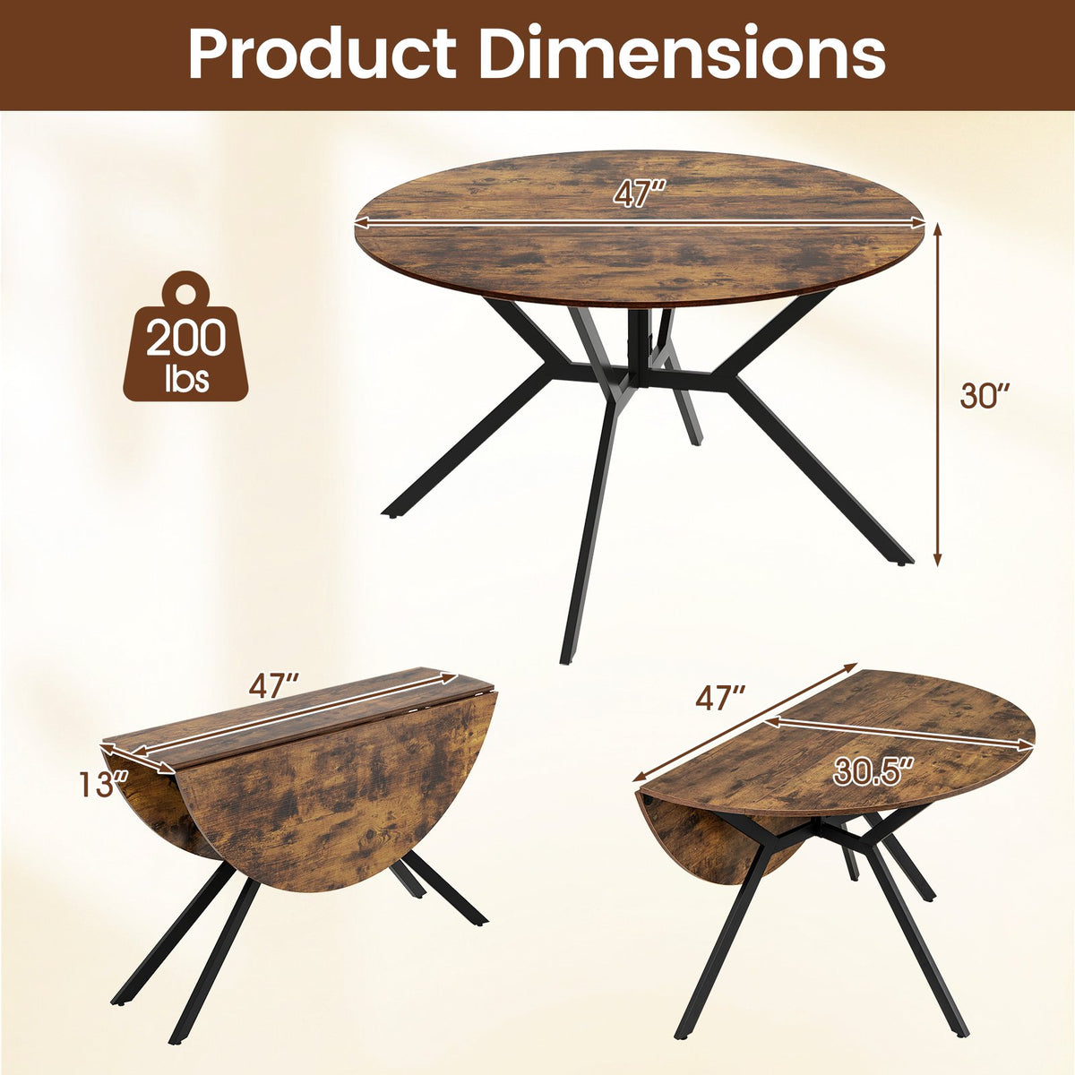 Folding Dining Table 47 Inch Extendable Round Kitchen Table with Drop Leaves-Rustic Brown view 4