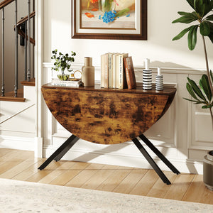 Folding Dining Table 47 Inch Extendable Round Kitchen Table with Drop Leaves-Rustic Brown view 5