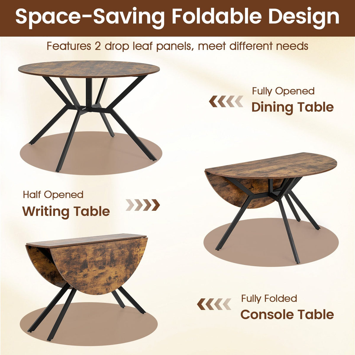 Folding Dining Table 47 Inch Extendable Round Kitchen Table with Drop Leaves-Rustic Brown view 7