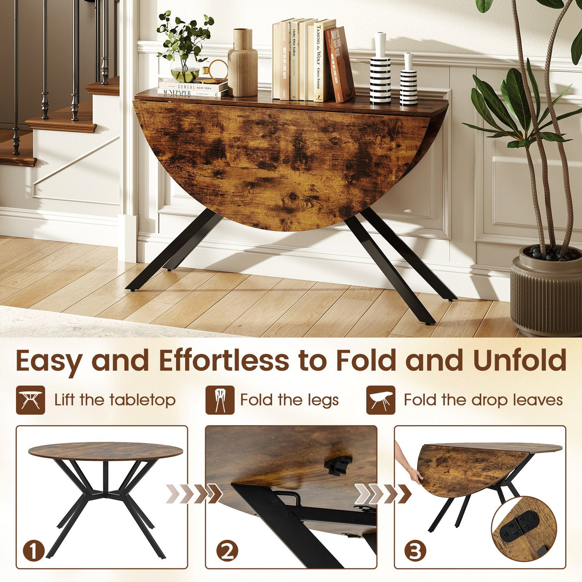 Folding Dining Table 47 Inch Extendable Round Kitchen Table with Drop Leaves-Rustic Brown view 8