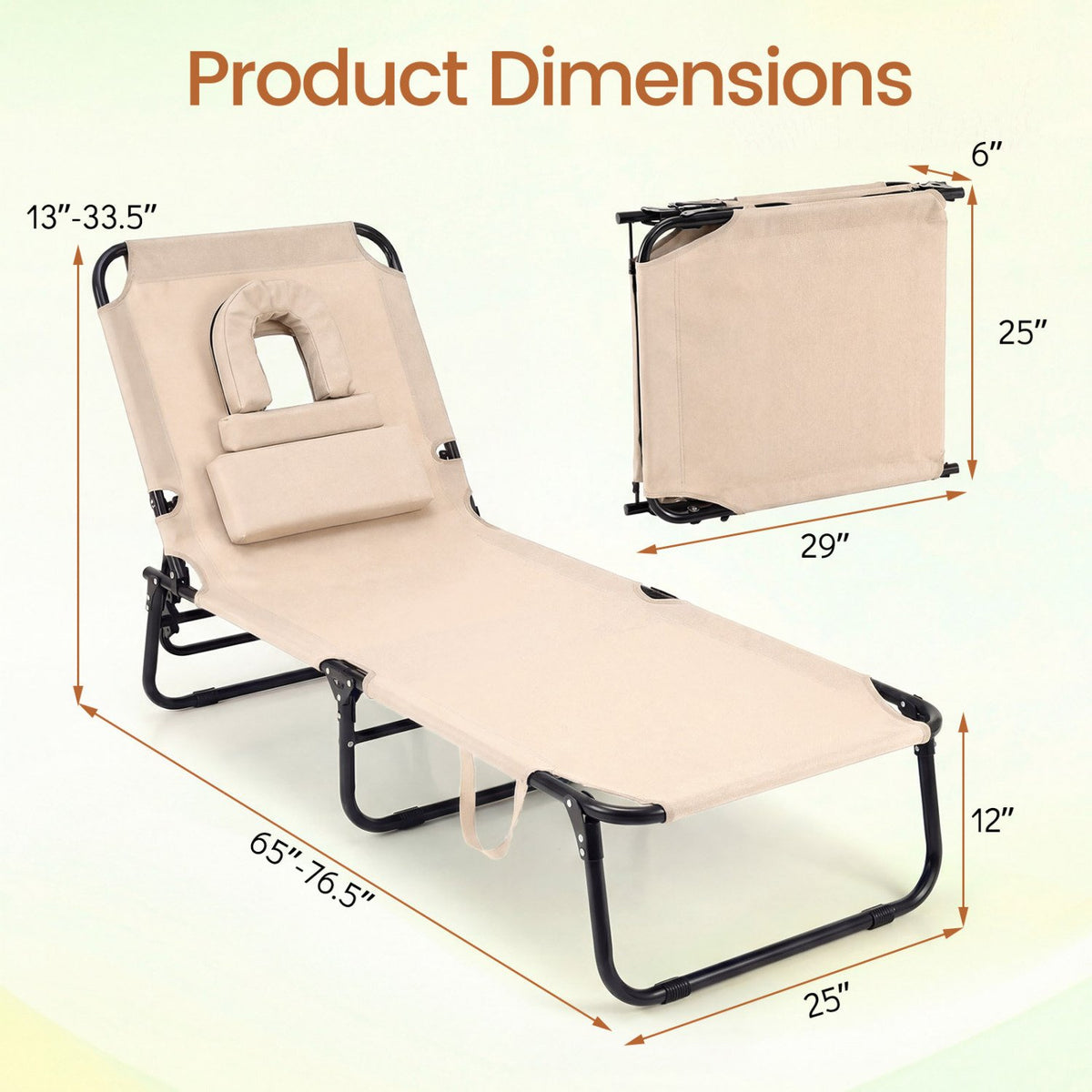 Folding Face Down Tanning Chair with Face Hole 3 Removable Pillows-Beige view 3