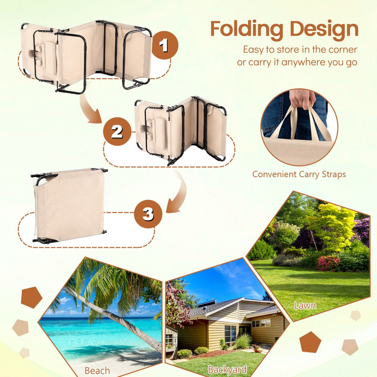 Folding Face Down Tanning Chair with Face Hole 3 Removable Pillows-Beige view 7