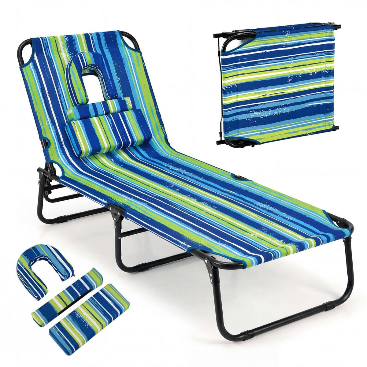 Folding Face Down Tanning Chair with Face Hole 3 Removable Pillows-Blue Stripe view 3