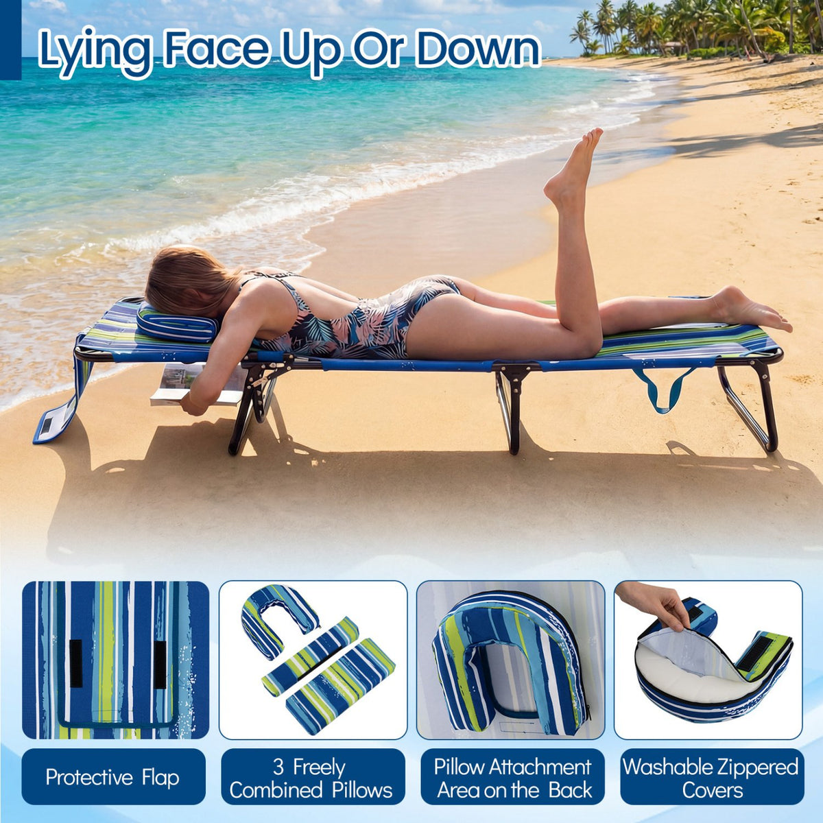 Folding Face Down Tanning Chair with Face Hole 3 Removable Pillows-Blue Stripe view 7