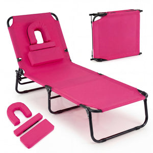 Folding Face Down Tanning Chair with Face Hole 3 Removable Pillows-Pink