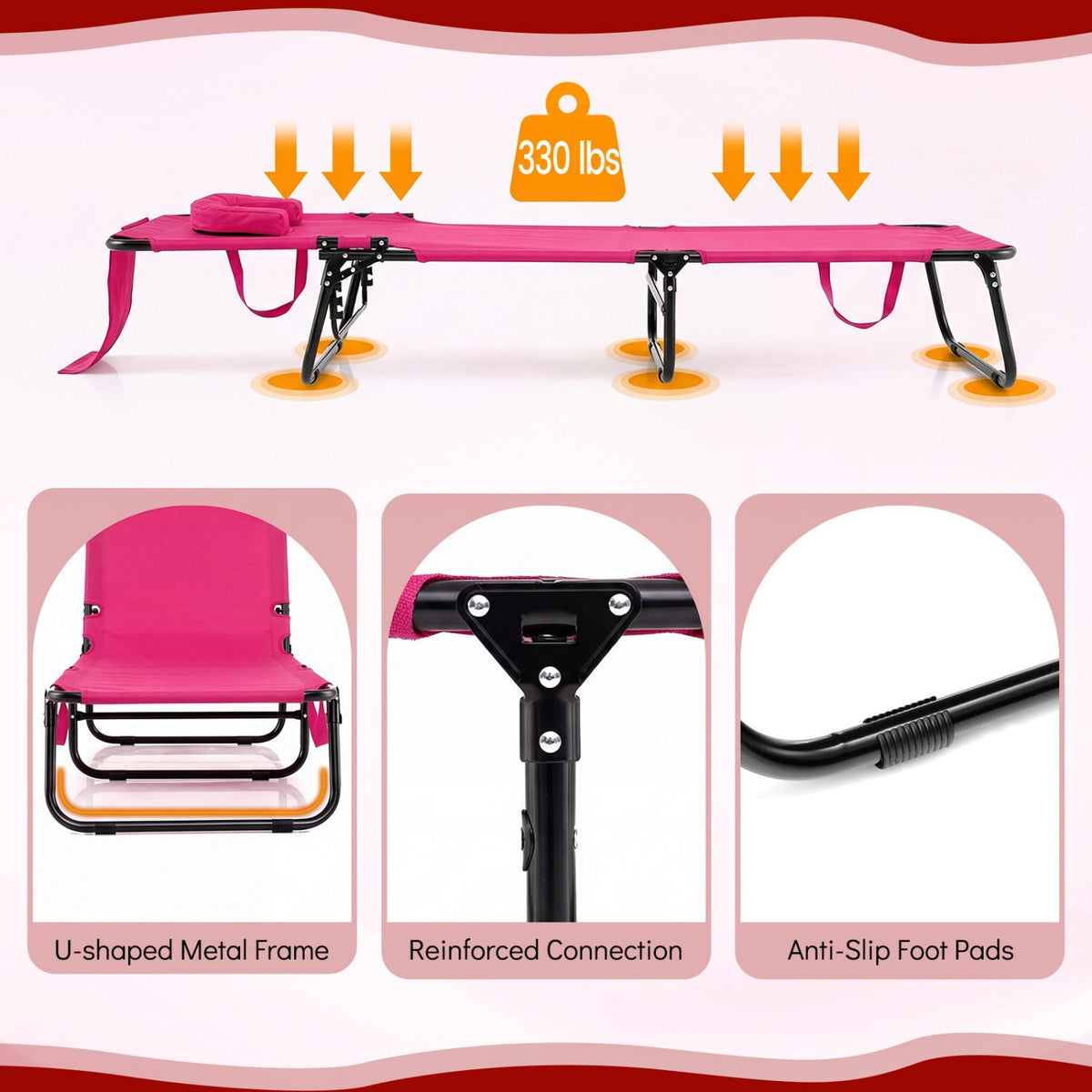 Folding Face Down Tanning Chair with Face Hole 3 Removable Pillows-Pink view 4
